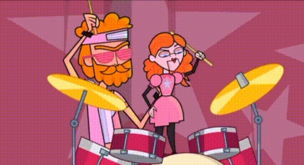 a man and woman are playing drums in a cartoon .