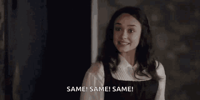 a woman is saying `` same ! same ! same ! '' in a room .