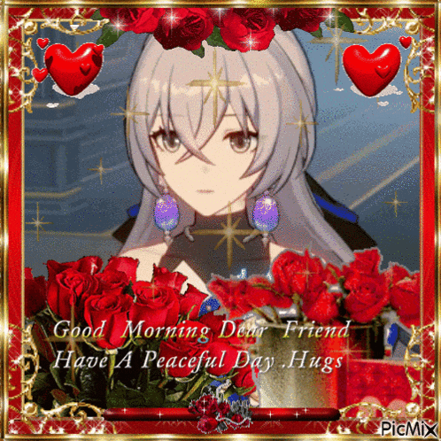 a picture of a girl surrounded by red roses with the words good morning dear friend have a peaceful day hugs written on it