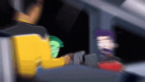 a cartoon of a man in a yellow shirt and a green mask using a laptop