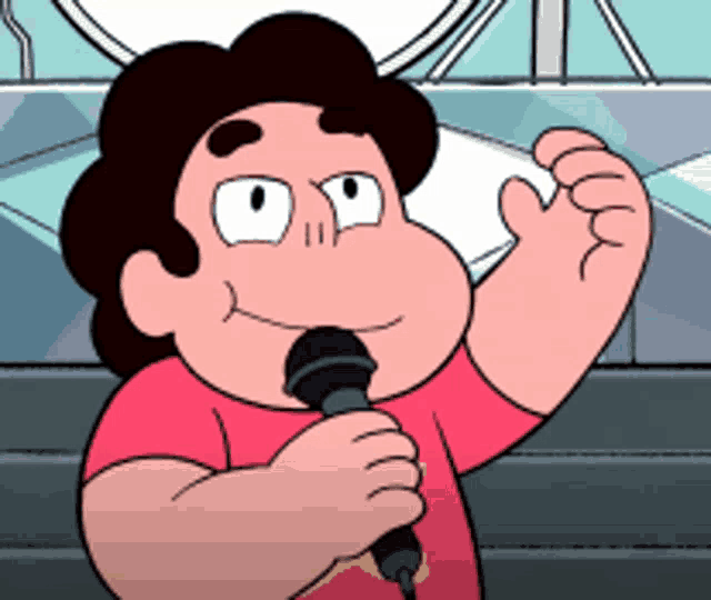 a cartoon character is holding a microphone in his hand