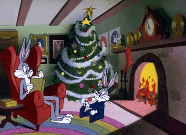 bugs bunny sitting in a chair reading a book next to a fireplace and a christmas tree