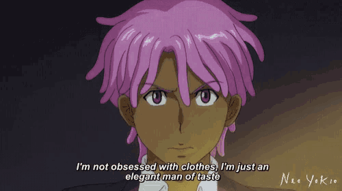 a cartoon of a man with pink hair says i 'm not obsessed with clothes