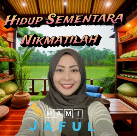a woman wearing a hijab is smiling in front of a sign that says " hidup sementara nikmatilah "