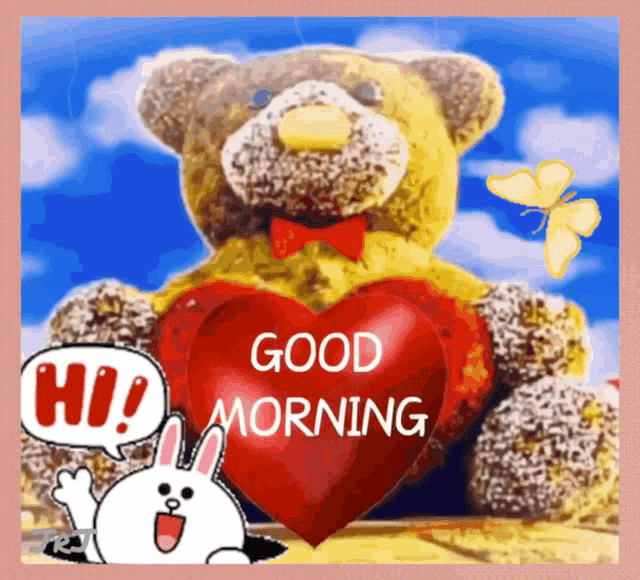 a teddy bear holding a red heart with the words good morning written on it