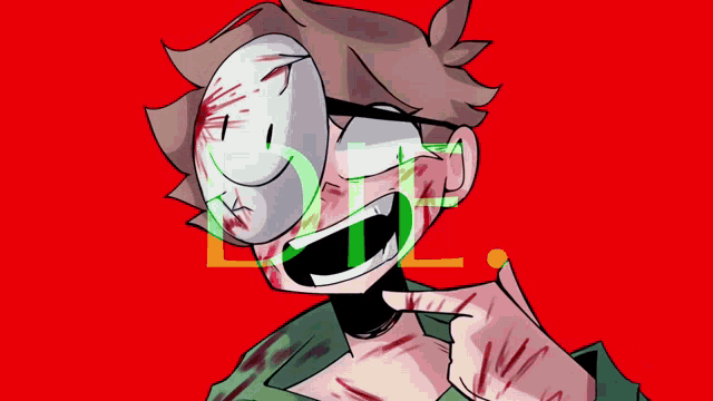 a cartoon drawing of a man wearing a mask with blood coming out of his eyes