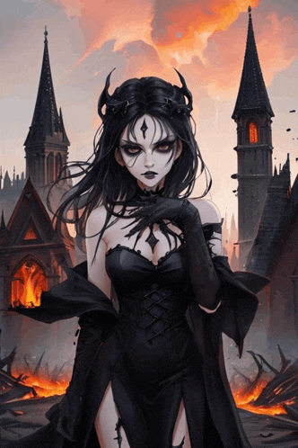 a woman in a black dress with horns stands in front of a burning castle