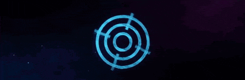 a purple laser beam is coming out of a target on a dark background .