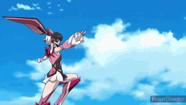 a girl in a pink and white outfit is flying through the air with a blue sky in the background and the words power director at the bottom