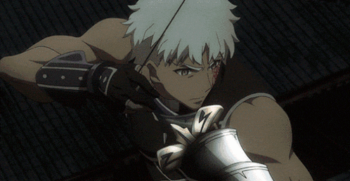 a man with white hair is holding a sword