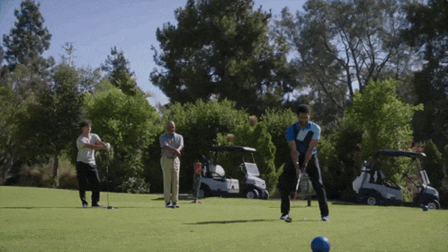 a group of men are playing golf on a lush green field