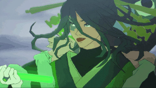 a pixel art drawing of a woman with long green hair holding a green object