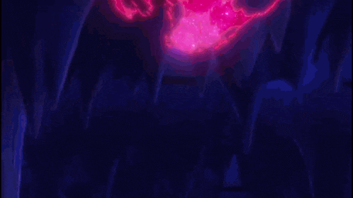 a cartoon character with purple hair and red eyes is surrounded by pink sparkles .