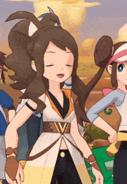 a cartoon character with a v on her belt stands in a crowd