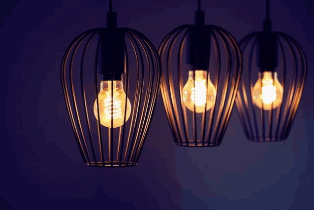a row of light bulbs hanging from a wire cage in the dark