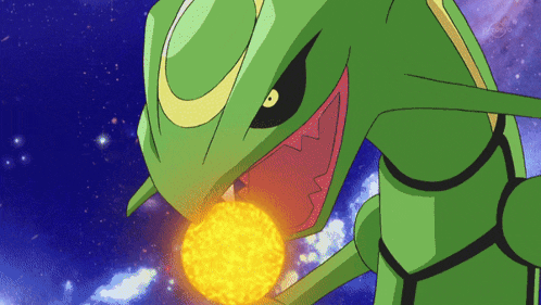 a green pokemon with a yellow sphere in its mouth