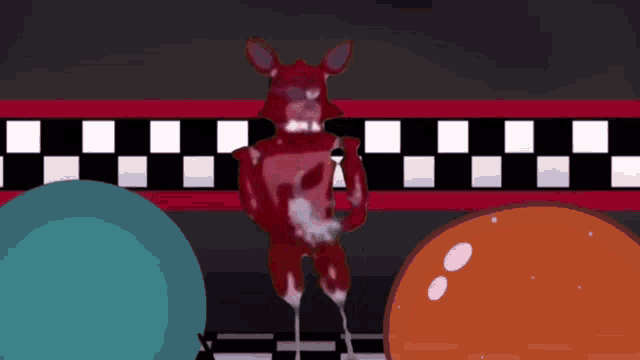 a cartoon drawing of a fox holding a microphone in a room with balloons .