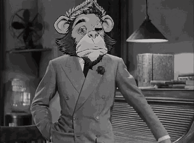 a man in a suit with a monkey face on his face