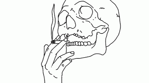 a black and white drawing of a skeleton smoking a cigarette .