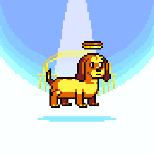a pixel art illustration of a dog with a halo on its head