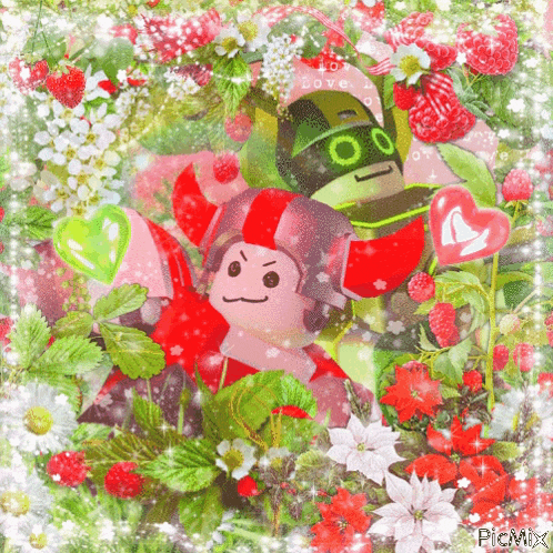 a picture of a robot surrounded by strawberries and flowers with the words love written on it