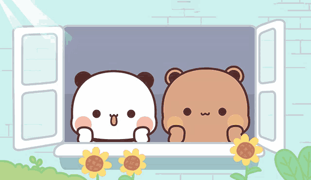 two bears are looking out of an open window with sunflowers in the foreground