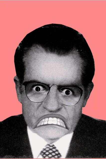 a black and white photo of a man wearing glasses and a tie making an angry face
