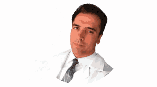 a man in a white coat and tie stands in front of a logo for gustavo aquino
