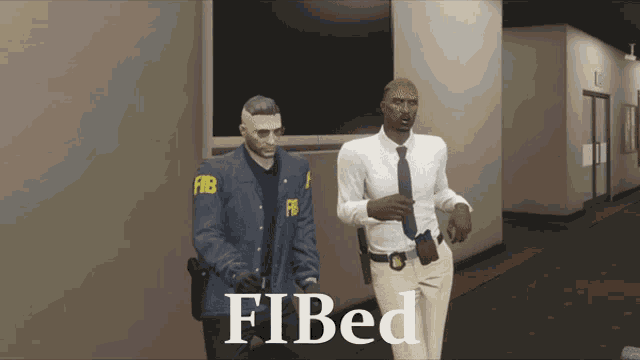 two men walking down a hallway with fibed written on the bottom right