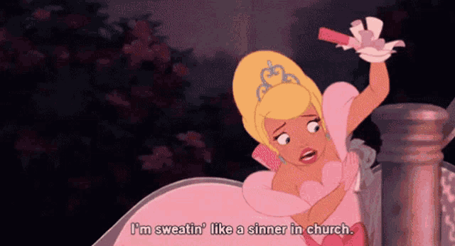 a woman in a pink dress is sweating like a sinner in church