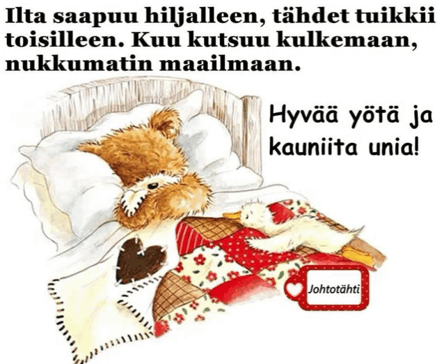 a picture of a teddy bear laying in a bed with the words hyvää yötä ja kauntiita unia