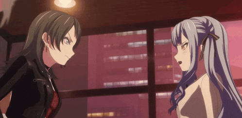 two anime girls are standing next to each other in a dark room