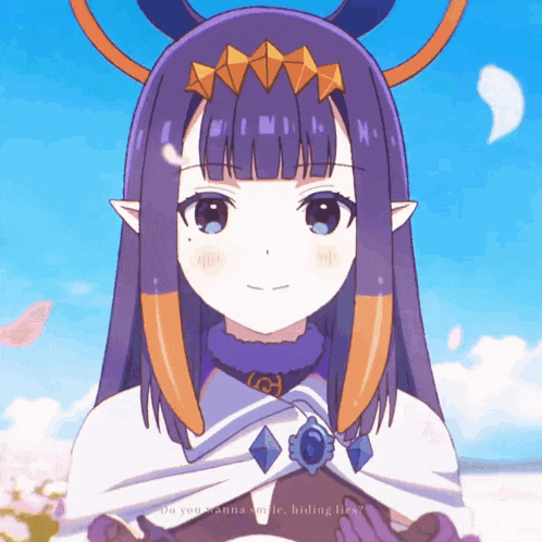a girl with purple hair and horns is smiling with the words do you wanna smile hiding here below her
