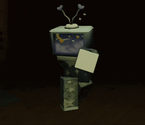 a cartoon character with a tv head and hearts on its head