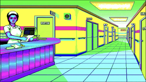 a nurse stands at a counter in a hallway with a sign on the door that says staff
