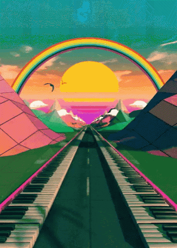 a painting of a road going through a piano keyboard with a rainbow and mountains in the background