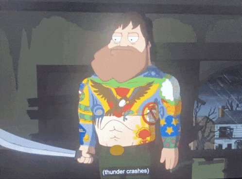 a cartoon character is holding a sword and says " thunder crashes " at the bottom