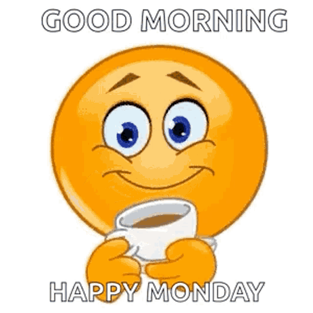 a smiley face is holding a cup of coffee and wishing you a happy monday .