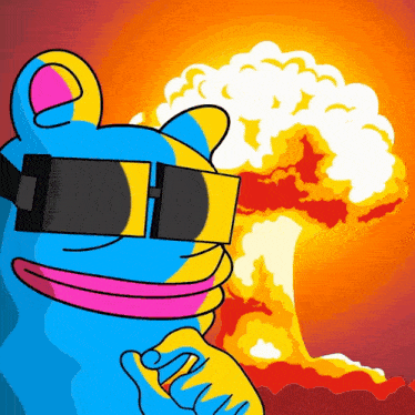 a cartoon of a bear wearing virtual reality glasses with a nuclear explosion in the background