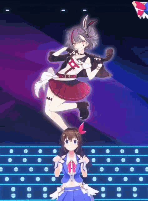 a girl in a blue dress stands next to a girl in a red dress