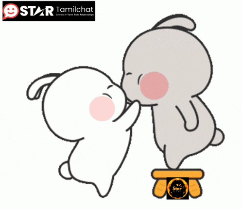 a cartoon of two rabbits kissing with a star tamilchat logo