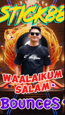 a man is standing in front of a pool table with the words waalaikum salam bounces
