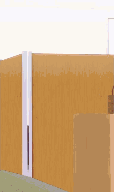 a blonde anime girl with horns and a white coat stands in front of a wooden wall