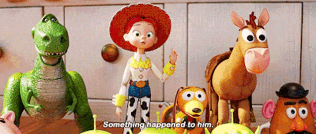 a group of toy story toys including jessie and slinky