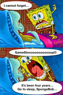 a cartoon of spongebob and squidward saying " i cannot forget " and " it 's been four years "