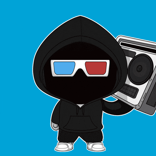 a cartoon character wearing 3d glasses and a hoodie holding a boombox