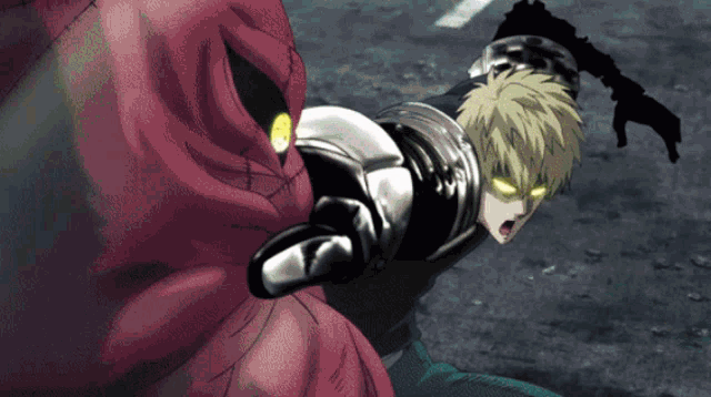 a man in armor is fighting a red monster