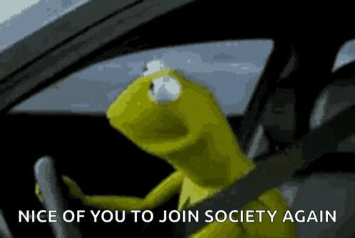 kermit the frog driving a car with the words nice of you to join society again