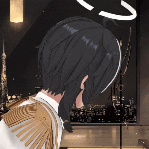 a computer generated image of a person looking out a window with a city skyline in the background