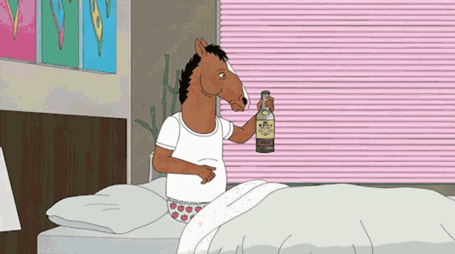 a cartoon horse is holding a bottle of vodka